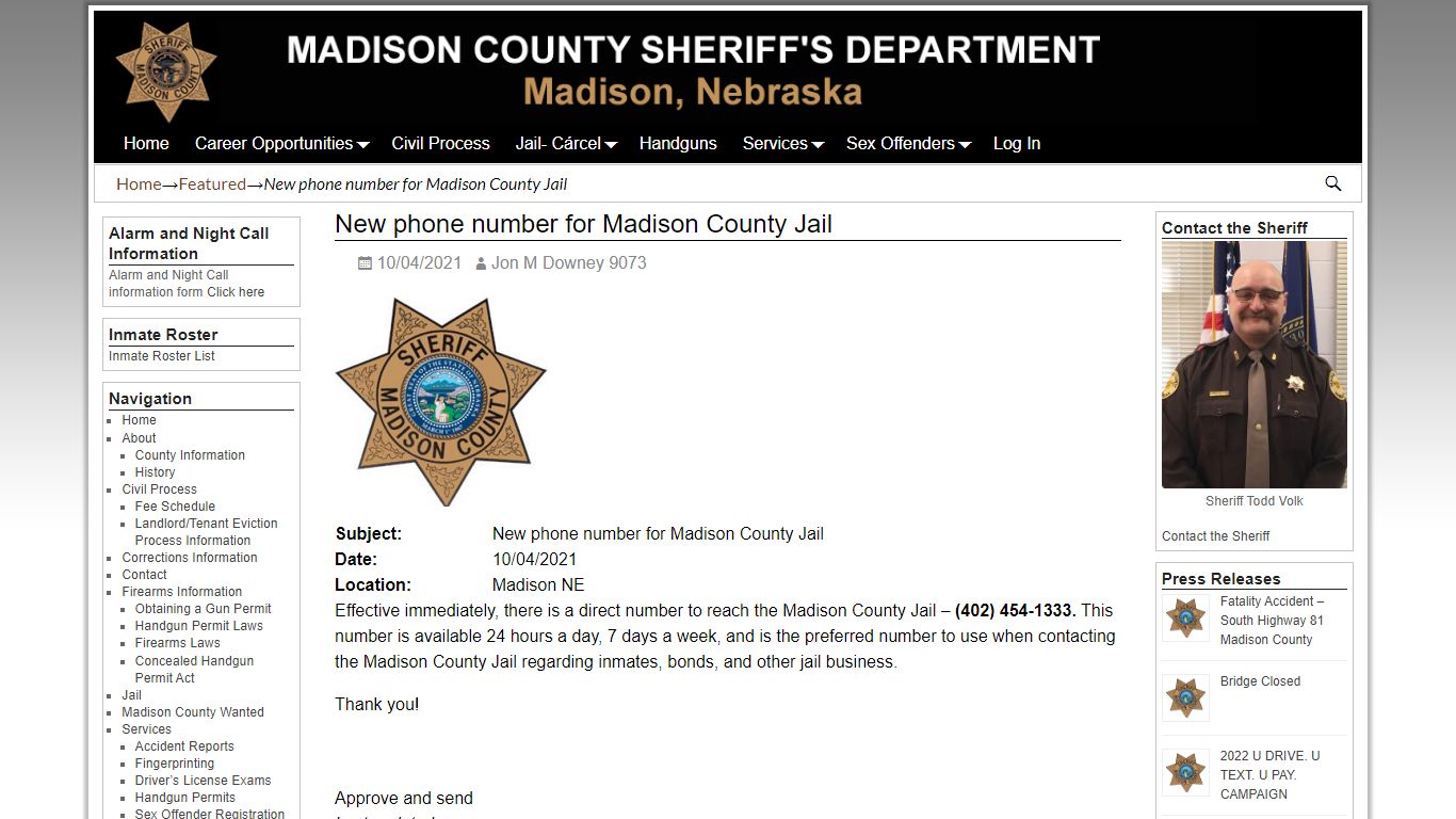 New phone number for Madison County Jail